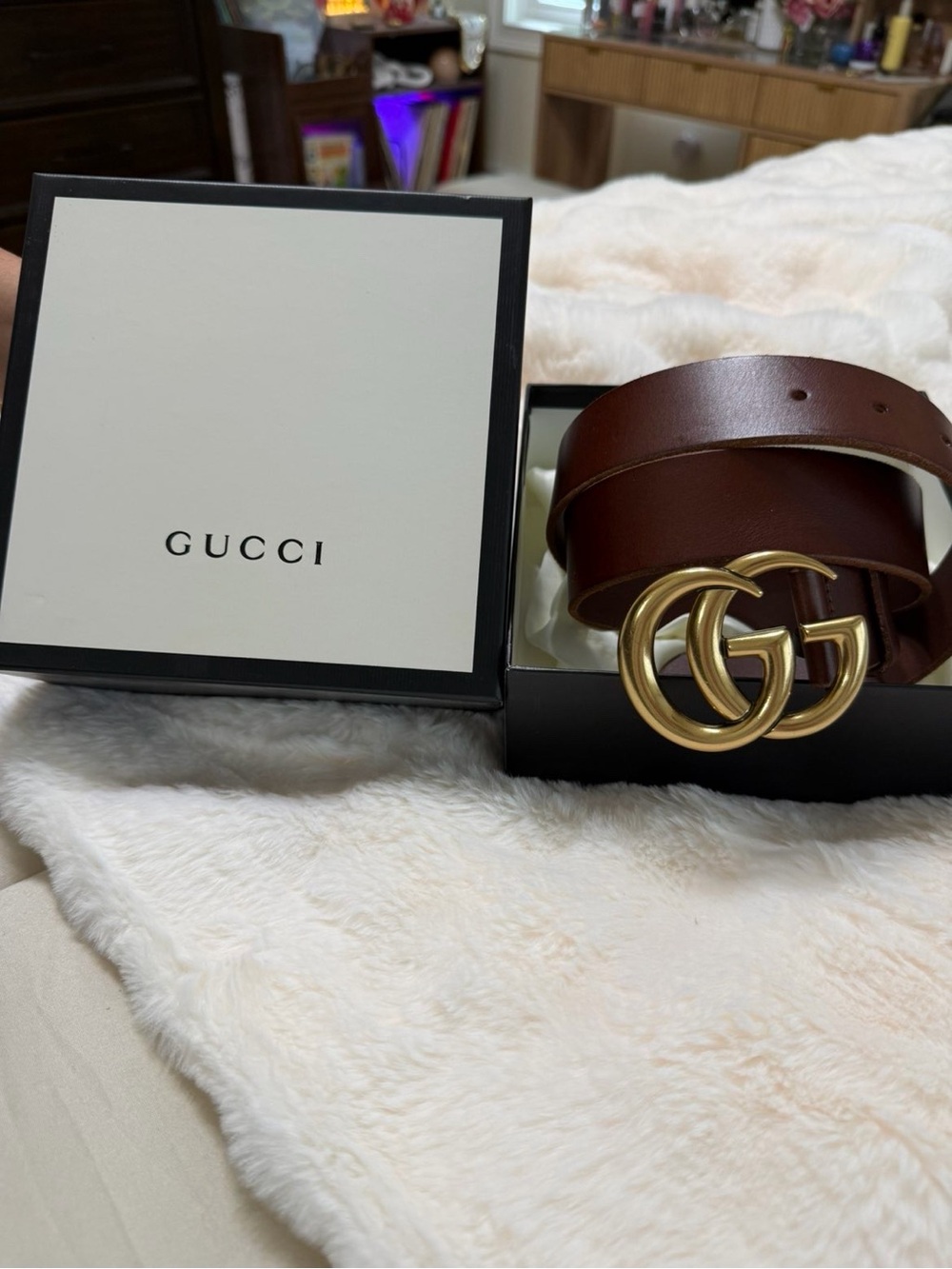 Gucci Brown Leather Belt with Gold Double G Buckle size 90